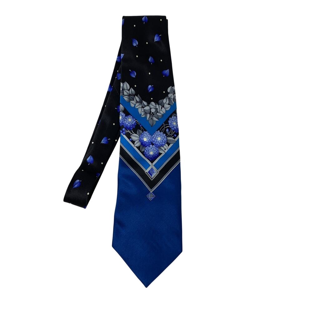 Leonard Paris Silk Tie Blue Floral Geometric Black Gray Designer Made In Italy